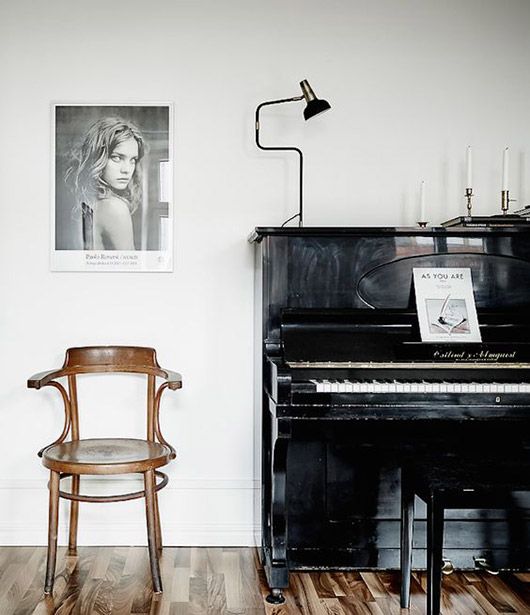 Cancer astrology home decor | Black upright piano black and white photography bentwood chair | Girlfriend is Better