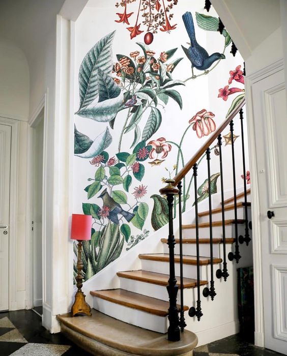 Cancer astrology home decor | floral wallpaper stairway entryway French country | Girlfriend is Better