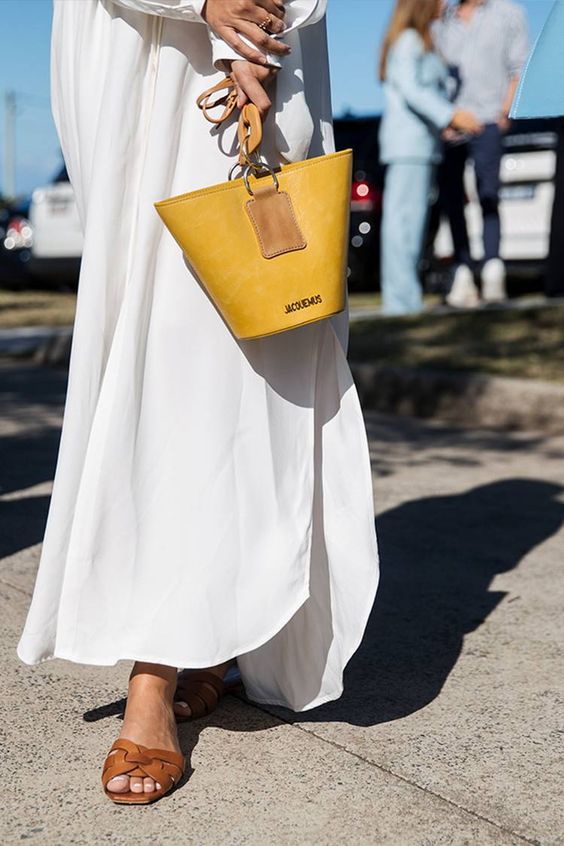 Saint Laurent tan leather sandals | All white dress yellow handbag purse | Girlfriend is Better