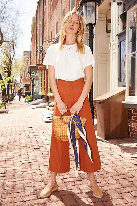 Tan espadrille sandals | Straw bag head scarf orange wide leg cropped pants | Girlfriend is Better