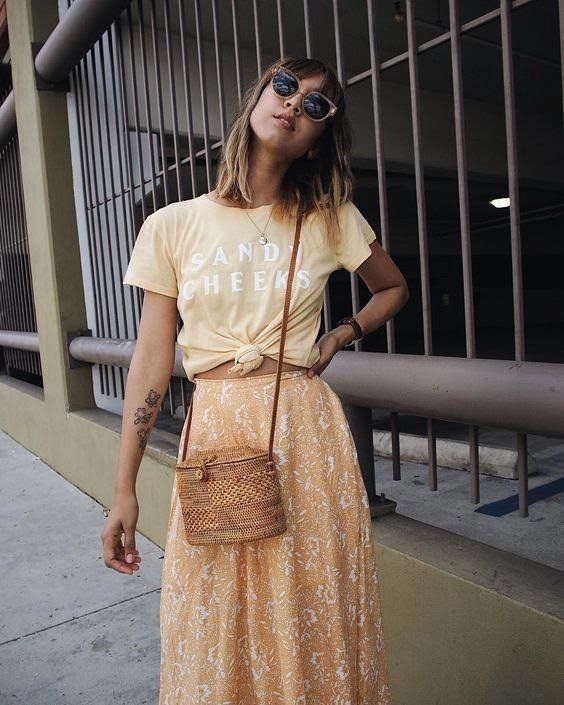 Floral midi skirts | graphic tee straw bag sunglasses | Girlfriend is Better