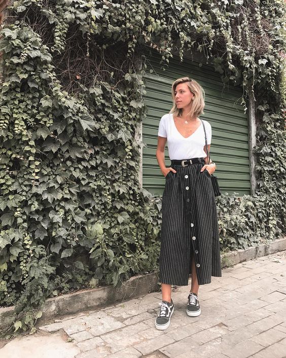 Striped midi skirts button front | white v-neck tee Vans | Girlfriend is Better