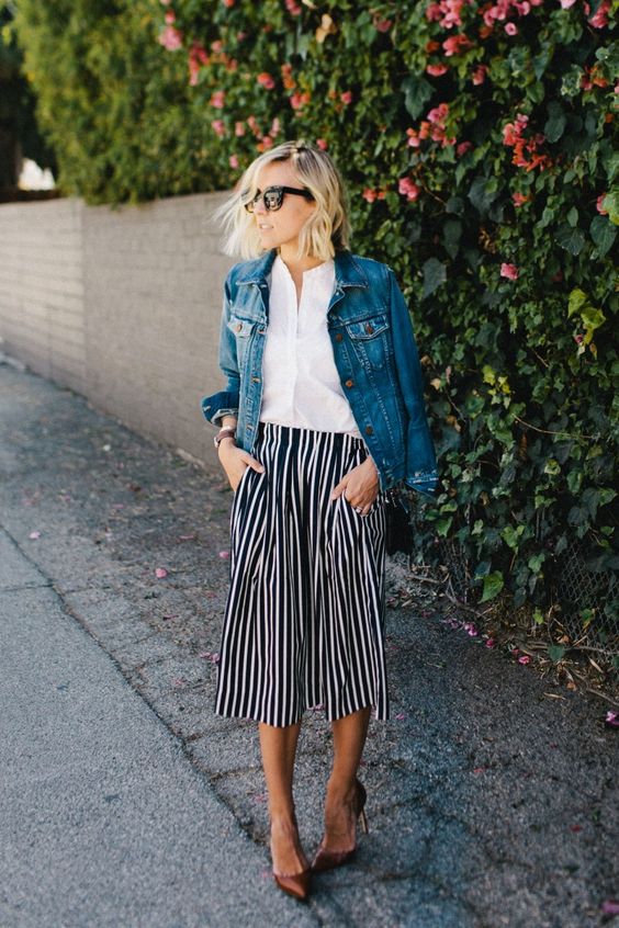 Striped midi skirts | white blouse denim jacket | Girlfriend is Better