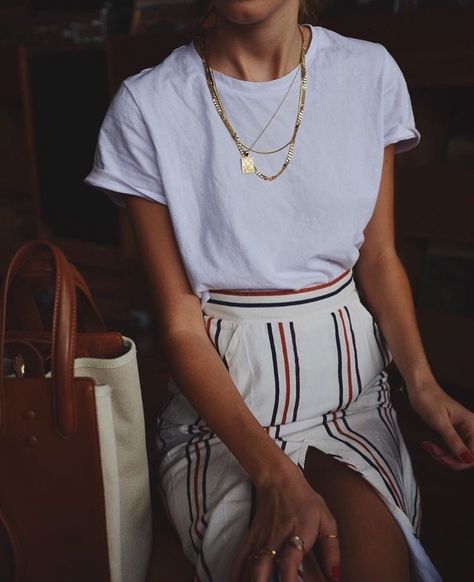 Striped midi skirts high leg slit | gold chains white tee | Girlfriend is Better