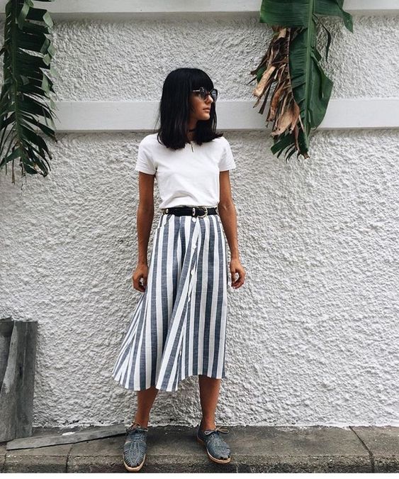 Belted striped midi skirts white tee | Girlfriend is Better