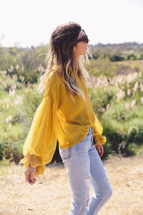 Mustard sheer blouse puff sleeves | Girlfriend is Better