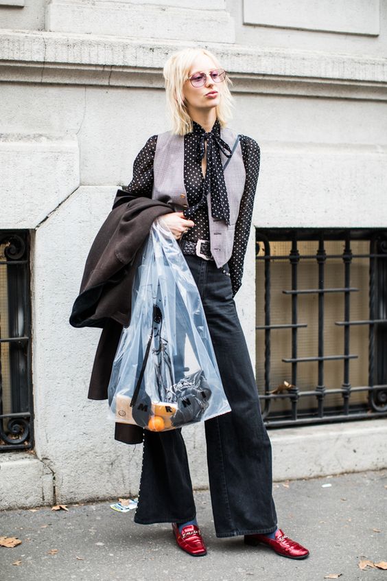 Sheer blouse lavender vest bell bottoms work wear | Milan Fashion Week F/W 2018-2019 | Girlfriend is Better