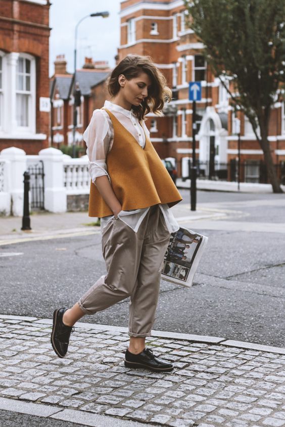 Sheer blouse mustard wool vest | Girlfriend is Better