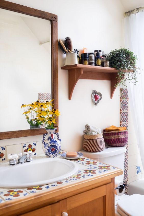 Summer Hygge bathroom farmhouse floral tile open shelving | Girlfriend is Better