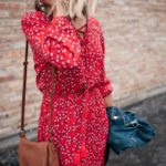 Red floral country dresses | tan saddle crossbody purse denim jeacket | Girlfriend is Better