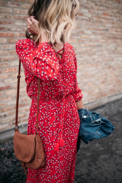 Red floral country dresses | tan saddle crossbody purse denim jeacket | Girlfriend is Better