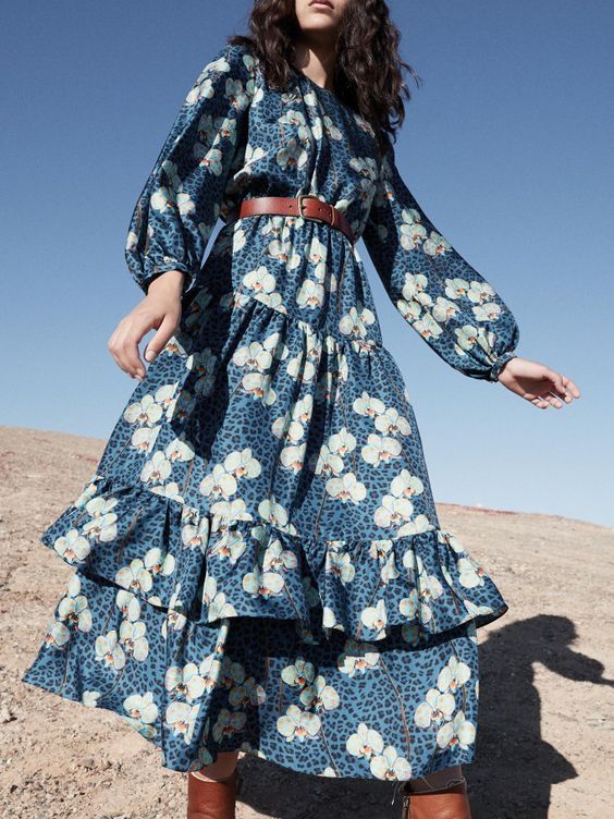 Blue floral country dresses | belt ruffles bishop sleeves | Girlfriend is Better