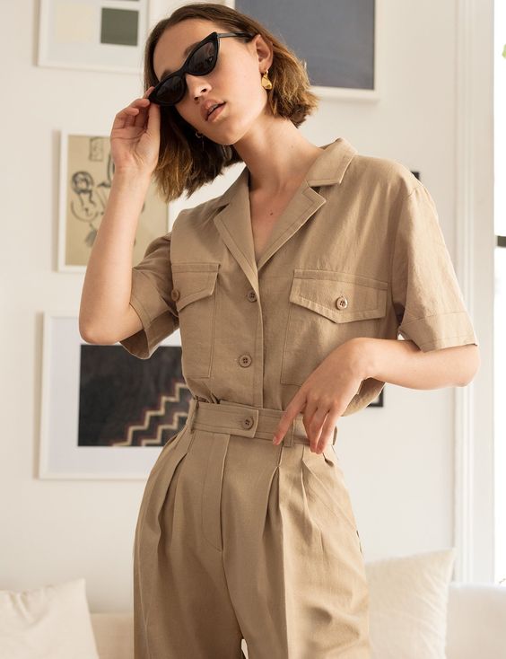 Ranch style khaki belted jumpsuit tiny sunglasses | Girlfriend is Better