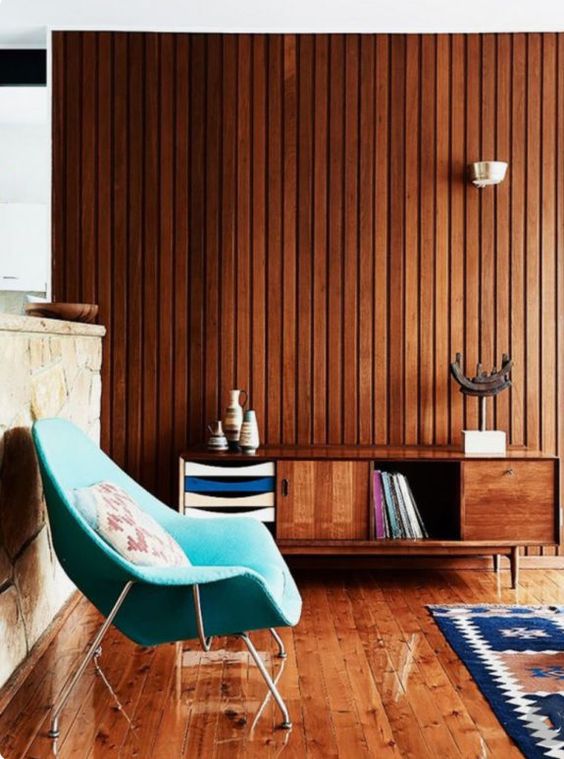 Wood element paneling living room mid-century modern Feng Shui | Girlfriend is Better