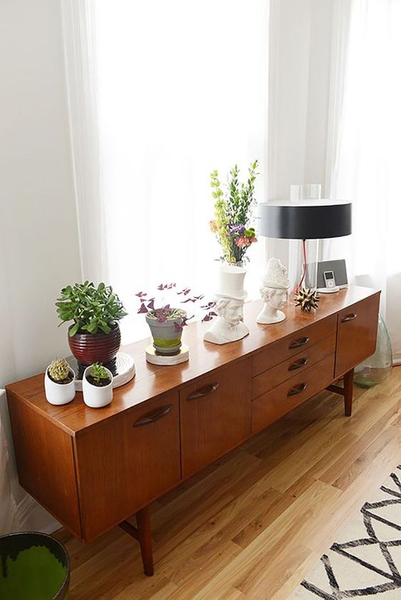 sideboard styling mid-century modern | plants vintage lamps | Girlfriend is Better