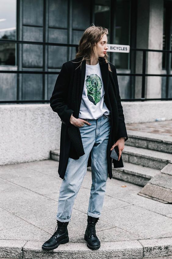 High-water pants rolled up denim jeans | London Fashion Week | Graphic tee black coat boots grunge | Girlfriend is Better