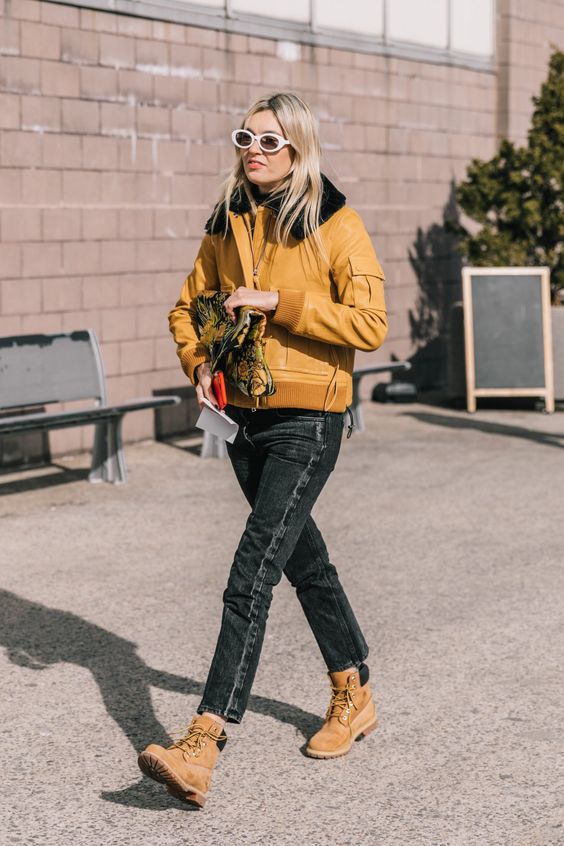 high-water pants black cropped denim yellow jacket Timberland boots | Girlfriend is Better