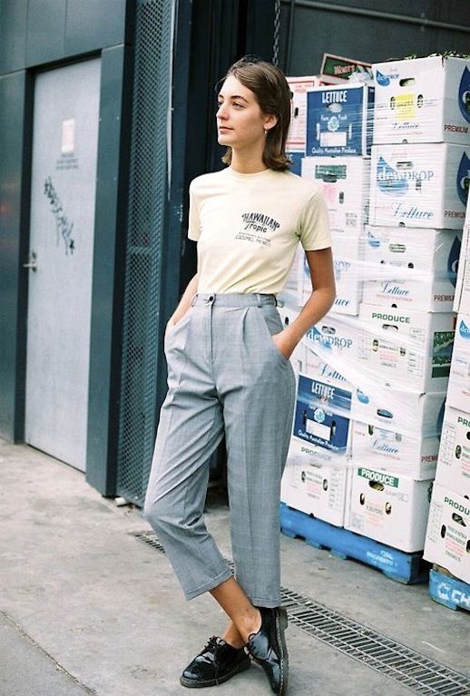 high-water pants plaid slacks oxfords tee | Girlfriend is Better