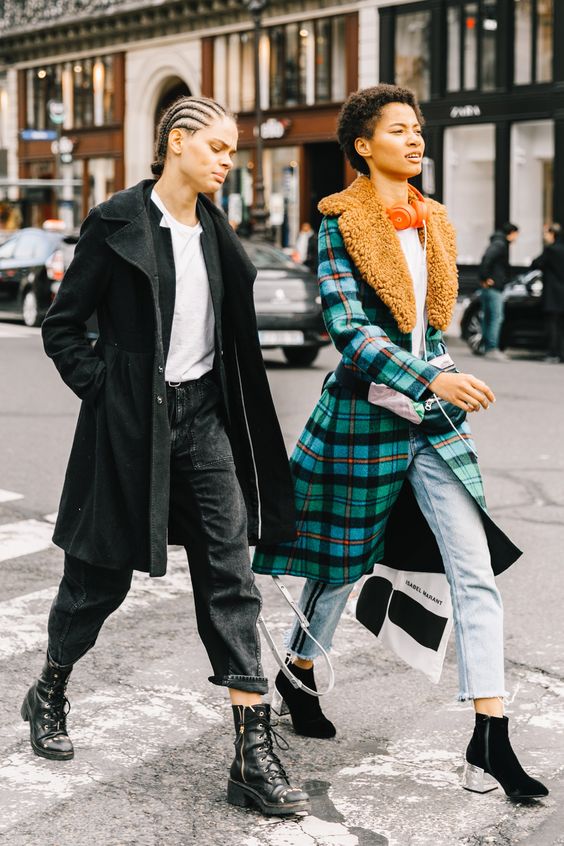 High-water pants cropped denim rolled cuffs plaid coat black green mustard yellow | Girlfriend is Better