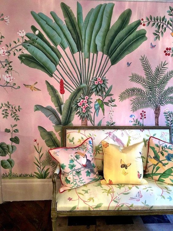 jungle decor pink tropical wallpaper chaise silk fabric | Girlfriend is Better