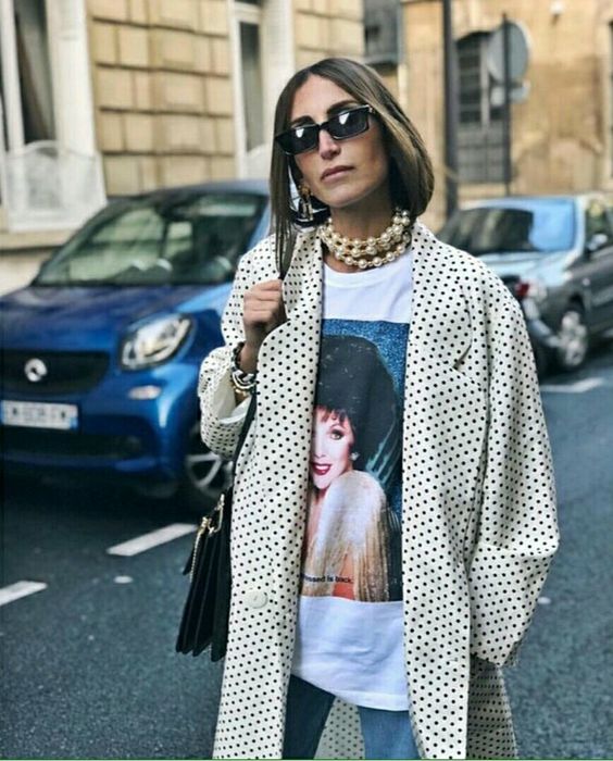 polka dot trench coats graphic tee pearls | Girlfriend is Better