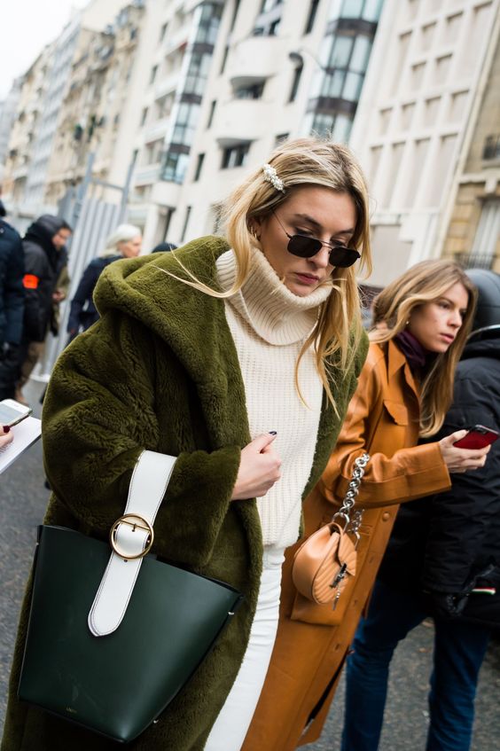 cream turtleneck sweater bucket bag green fur coat | Girlfriend is Better