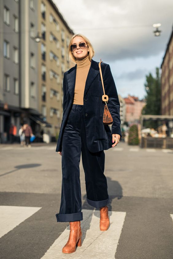 brown turtleneck shirt velvet pant suit | Girlfriend is Better