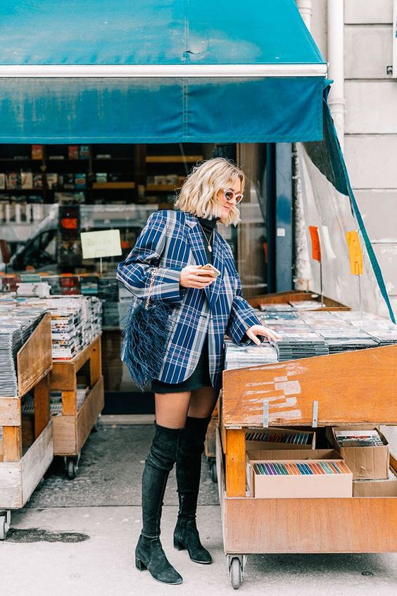 black turtleneck dress oversized blue plaid blazer | Girlfriend is Better