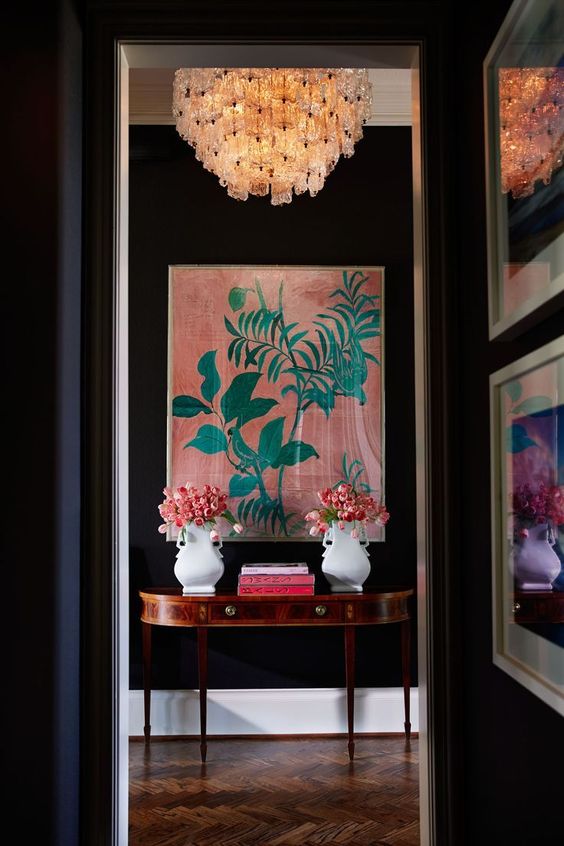 chinoiserie black walls chandelier | coral pink celadon Paule Marrot art work | Girlfriend is Better