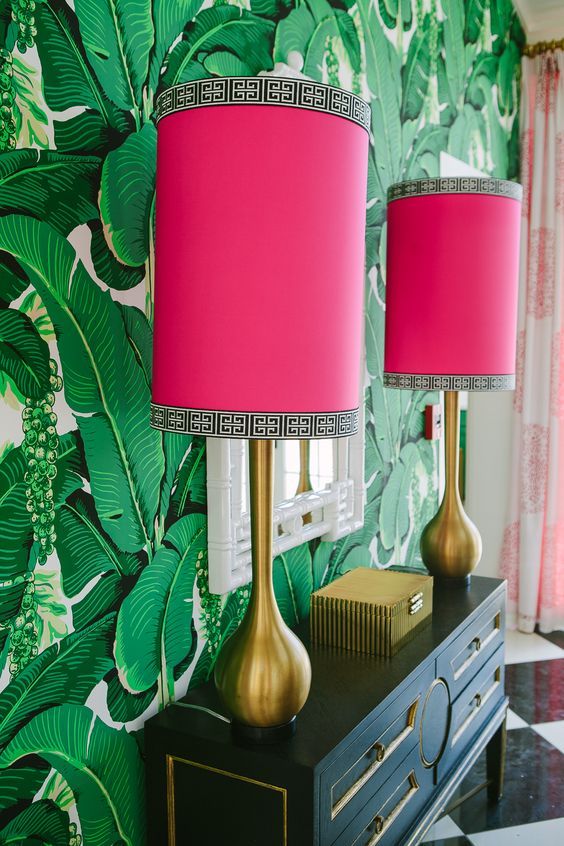 chinoiserie chic | banana leaf wallpaper gold lamps hot pink | Girlfriend is Better