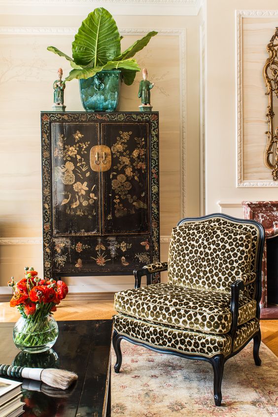 chinoiserie Chinese cabinet leopard print chair living room | Girlfriend is Better