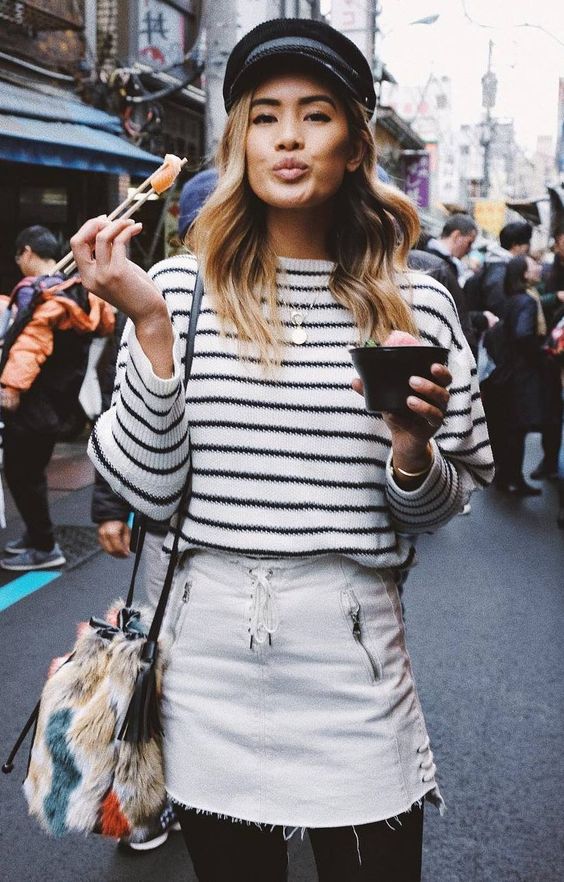 black colored tights | French street style striped shirt | Girlfriend is Better