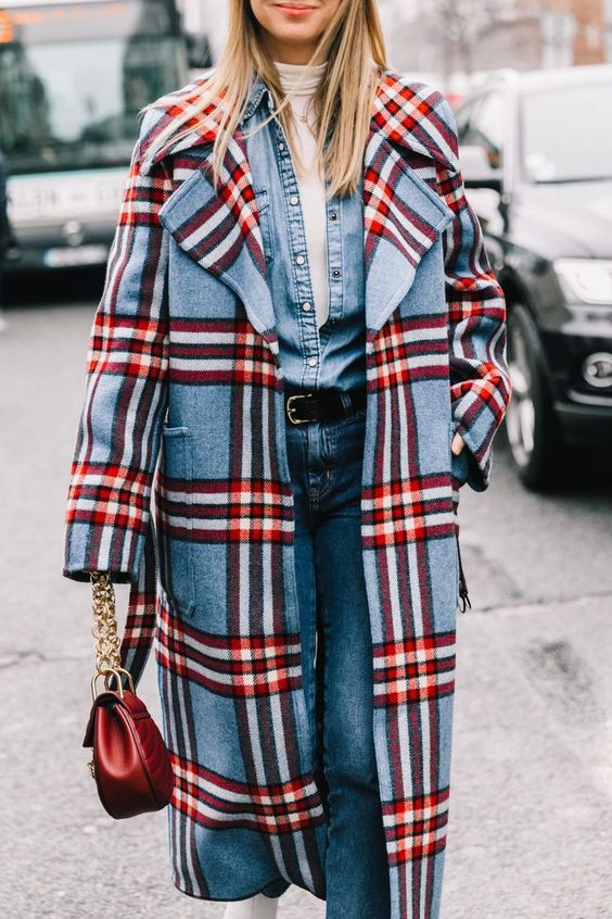 full-length coats wool plaid denim red blue | Girlfriend is Better