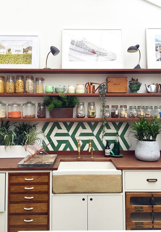 graphic tile | kitchen backsplash ceramic green white open shelving | Girlfriend is Better