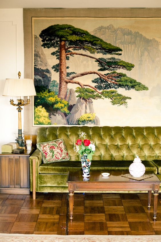 green sofas chinoiserie lime velvet wood element | Girlfriend is Better