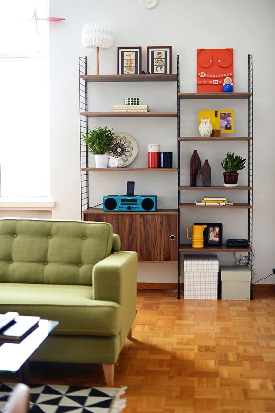 green sofas lime mid-century modern living room book shelf | Girlfriend is Better