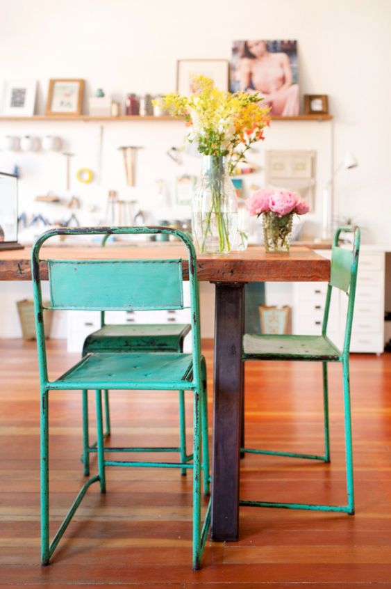 metal element Feng Shui | vintage green work studio chairs French country wood table flooring | Girlfriend is Better