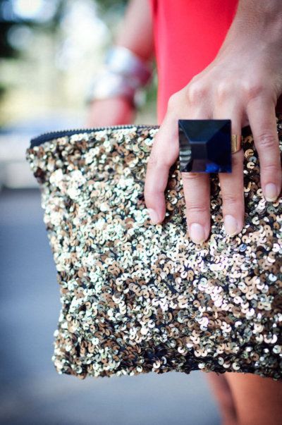 New Year outfit sequin clutch statement ring accessories | Girlfriend is Better