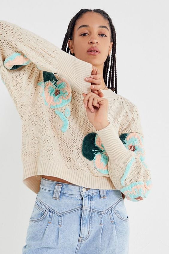 pretty Christmas sweater | relaxed boxy chenille embroidered floral cropped | Girlfriend is Better