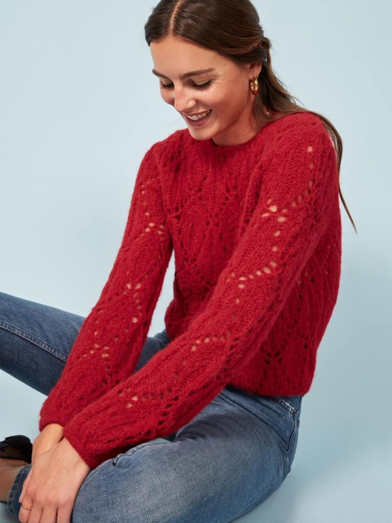 pretty Christmas sweater | cherry red open knit ethically sourced alpaca soft | Girlfriend is Better