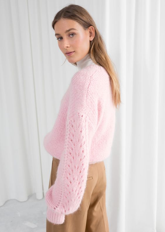 pretty Christmas sweater | blush pink open eyelet stitching balloon sleeves | Girlfriend is Better