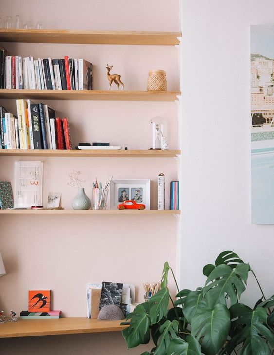 Pink Walls | White pink wall open shelving books monstera delicisosa | Girlfriend is Better  