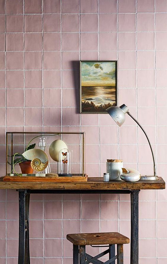 Pink Walls | Pink tiles wood console table | Girlfriend is Better