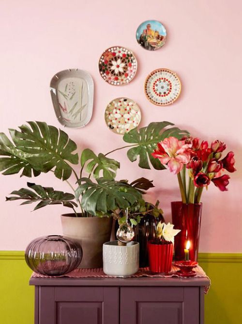 Pink Walls | eclectic gallery wall monstera deliciosa console table vignette | Girlfriend is Better