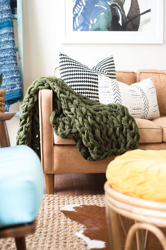 chunky knit blankets | green throw Bohemian living room | Girlfriend is Better