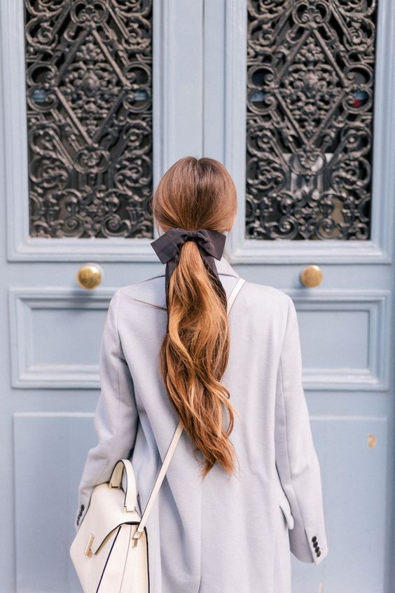 hair ribbons | Paris ponytail grey full-length coat | Girlfriend is Better