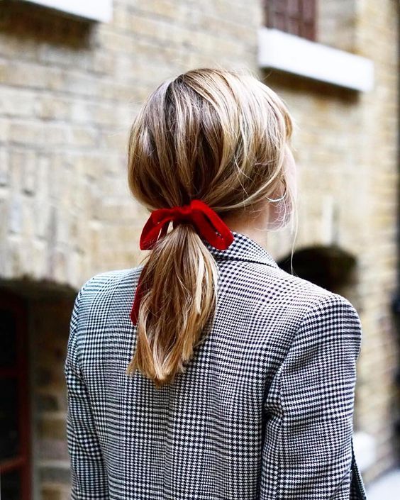 red velvet hair ribbons | work wear low ponytail double-breasted blazer | Girlfriend is Better