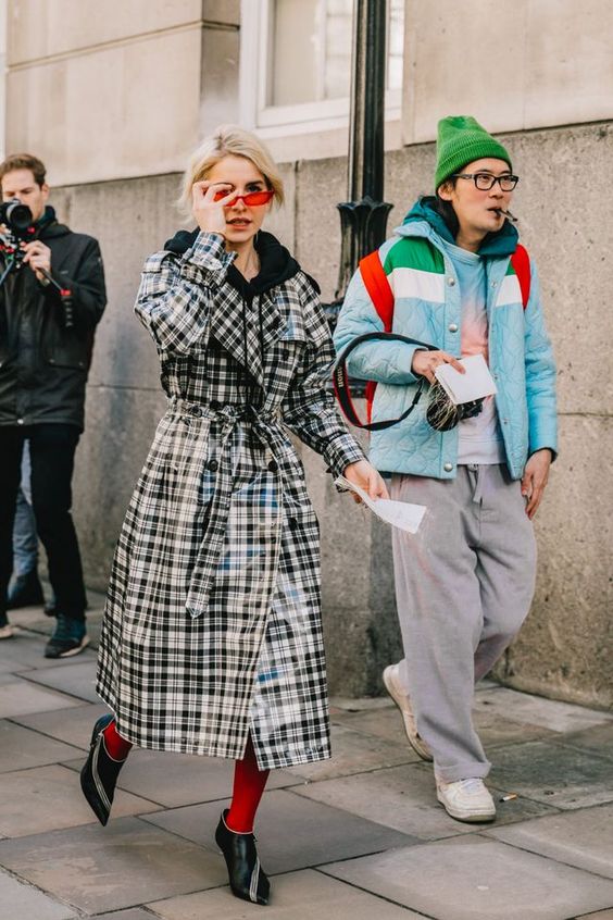 winter accessories | red colored tights tiny sunglasses plaid trench coat | Girlfriend is Better