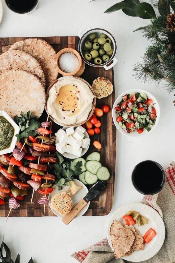 winter Hygge | entertaining cheese board hummus veggie skewers pita bread | Girlfriend is Better