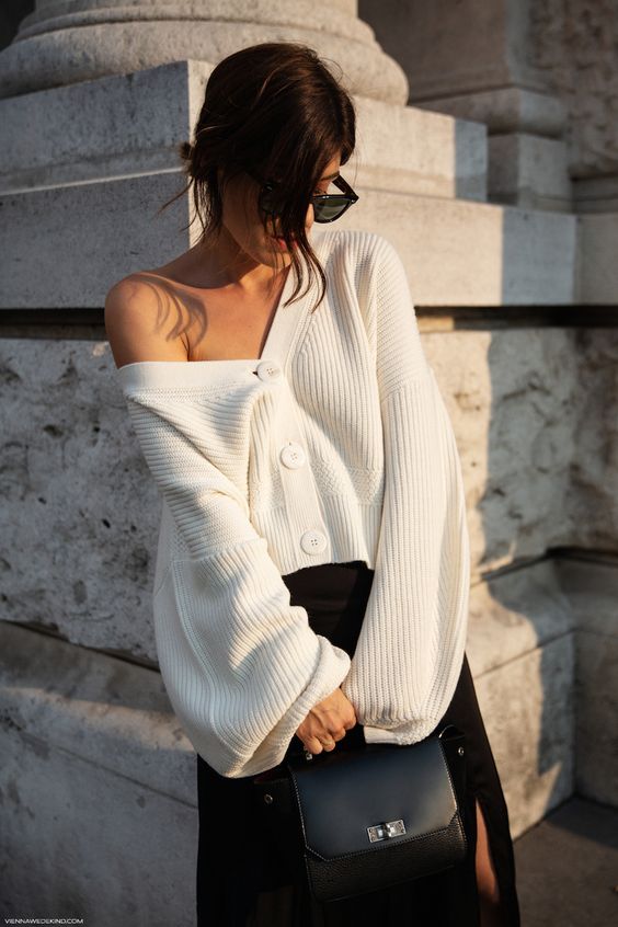 winter white outfits | trans seasonal dressing cardigan sweater top handle purse | Girlfriend is Better